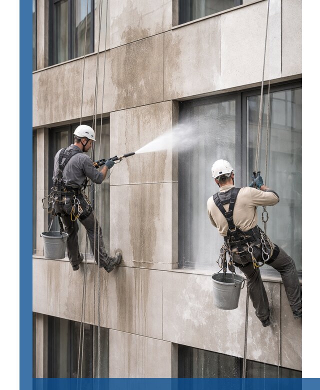 Послестроительная мойка фасада промышленным альпинизмом в Сегеже