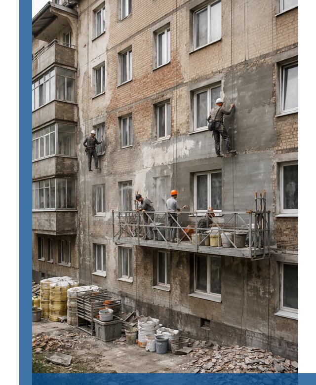 Капитальный ремонт фасада в Сегеже с восстановлением и гидроизоляцией