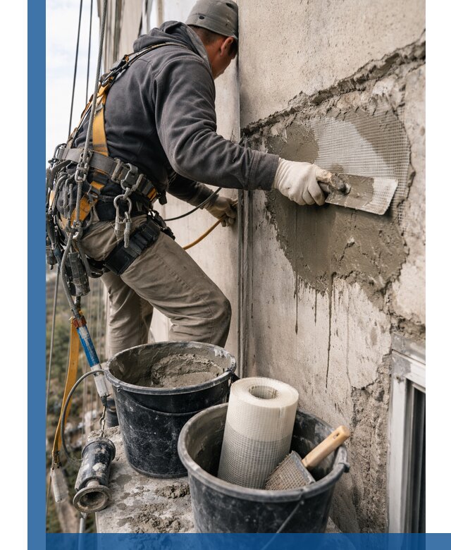 Ремонт бетонных элементов фасада промышленными альпинистами в Сегеже