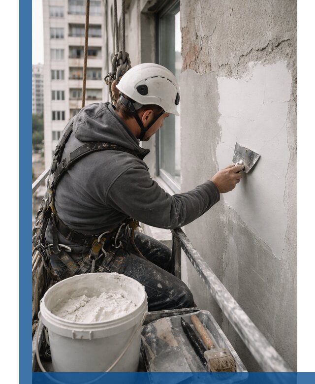 Шпаклевка фасадов на высоте с промальпинистами в Сегеже