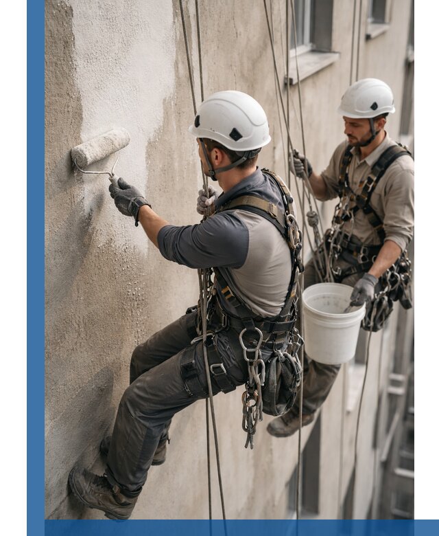 Грунтовка фасада на высоте в Сегеже промышленными альпинистами