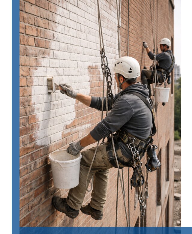 Покраска кирпичного фасада с доступным альпинистским сервисом в Сегеже