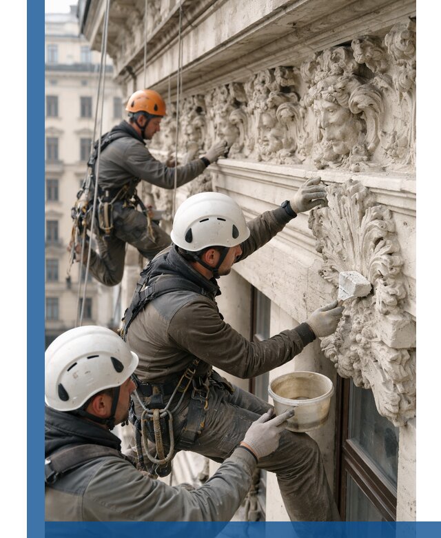 Реставрация фасадной лепнины с высотными работами в Сегеже