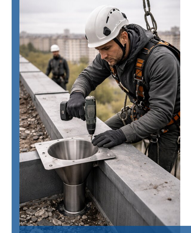 Монтаж водосточных воронок в Сегеже для промышленных зданий