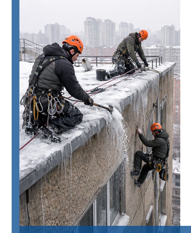 Удаление наледи с кровли в Сегеже промышленными альпинистами