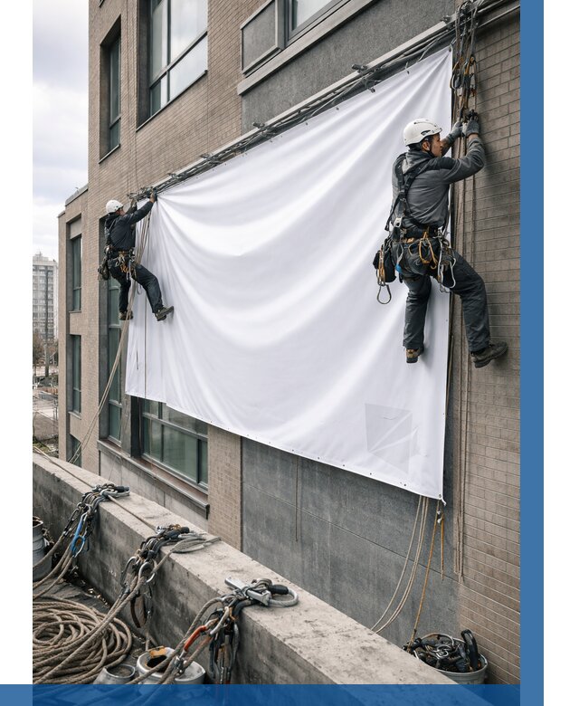 Монтаж баннеров на фасаде в Сегеже от 676 р. заказать ВЫСОТНИК-Сгж