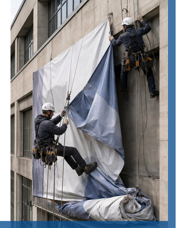 Демонтаж баннеров с фасада в Сегеже от 4682 р. | ВЫСОТНИК-Сгж