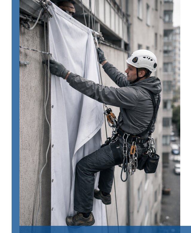Замена баннерного полотна промышленными альпинистами в Сегеже