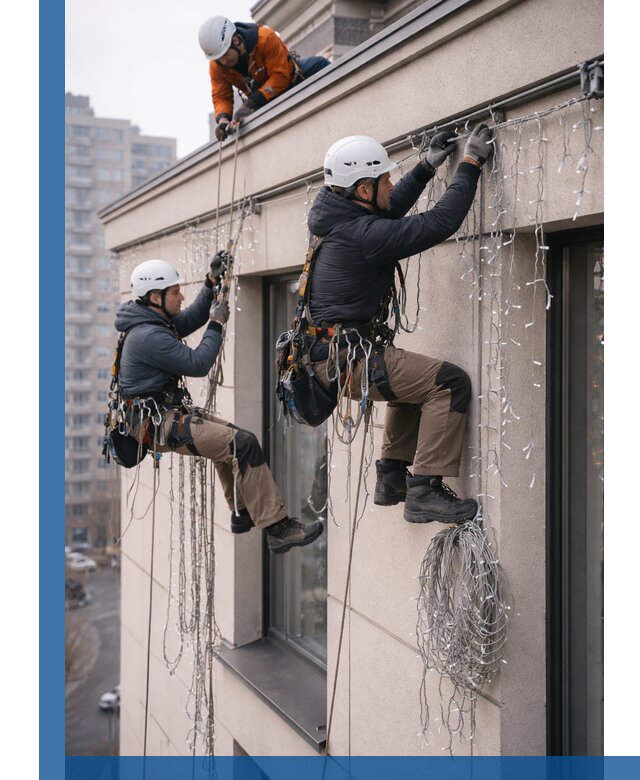 Монтаж праздничных гирлянд на фасаде в Сегеже для зданий