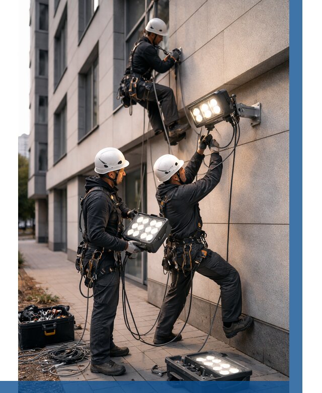 Монтаж прожекторов на фасаде в Сегеже от 7804 р. | ВЫСОТНИК-Сгж