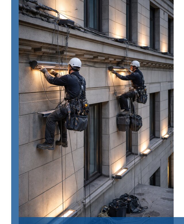 Монтаж архитектурной подсветки фасадов зданий в Сегеже