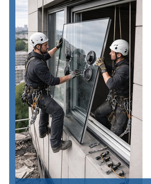 Замена стеклопакетов на высоте с промышленными альпинистами в Сегеже