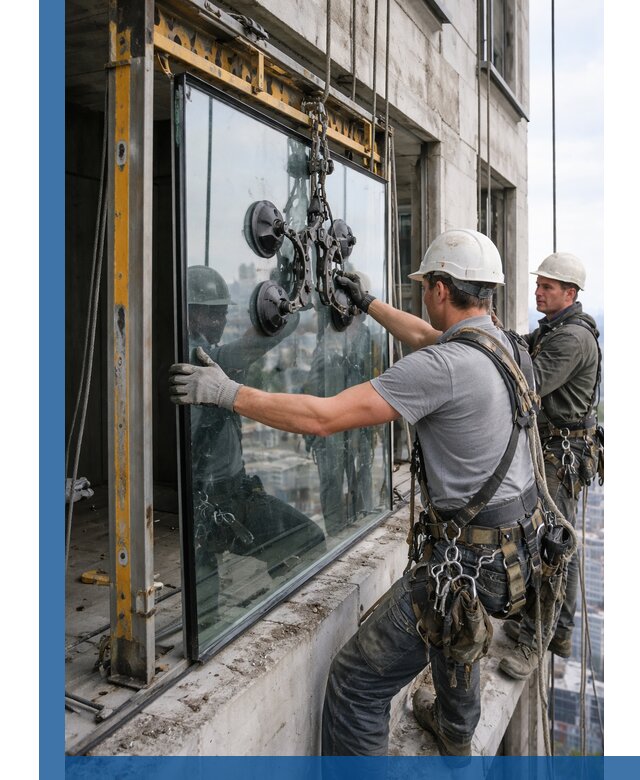 Монтаж стеклопакетов на высоте в Сегеже с промышленным альпинизмом