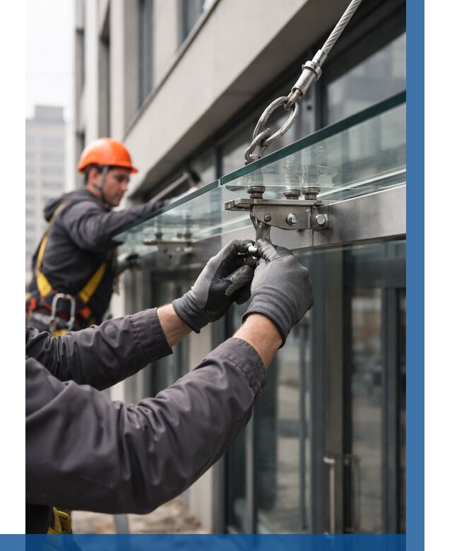 Монтаж стеклянных козырьков в Сегеже от 8844 р. | ВЫСОТНИК-Сгж