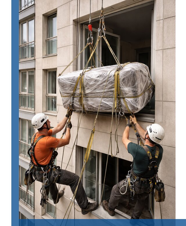 Подъем грузов через окно в Сегеже промышленными альпинистами