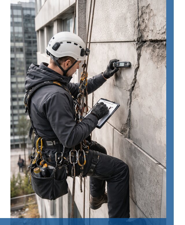 Обследование фасада альпинистами в Сегеже от 125 р. | ВЫСОТНИК-Сгж