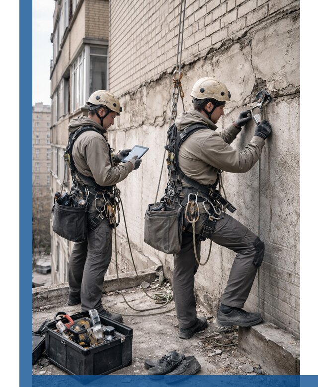 Обследование фасада промышленными альпинистами в Сегеже